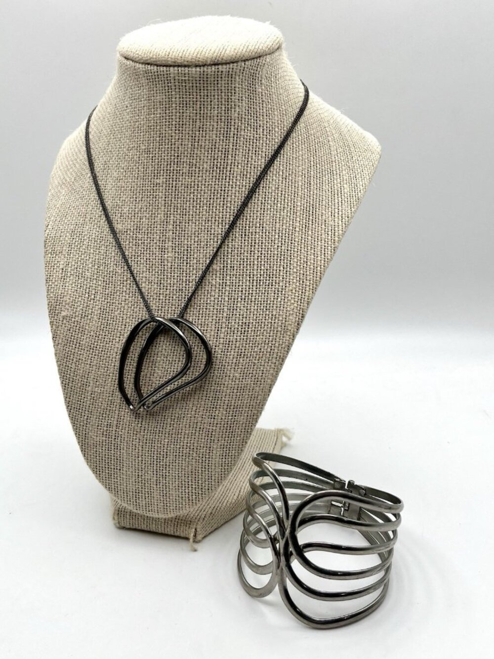 Modernist Gunmetal Abstract Loop Pendant Necklace & Statement Cuff Bracelet Set